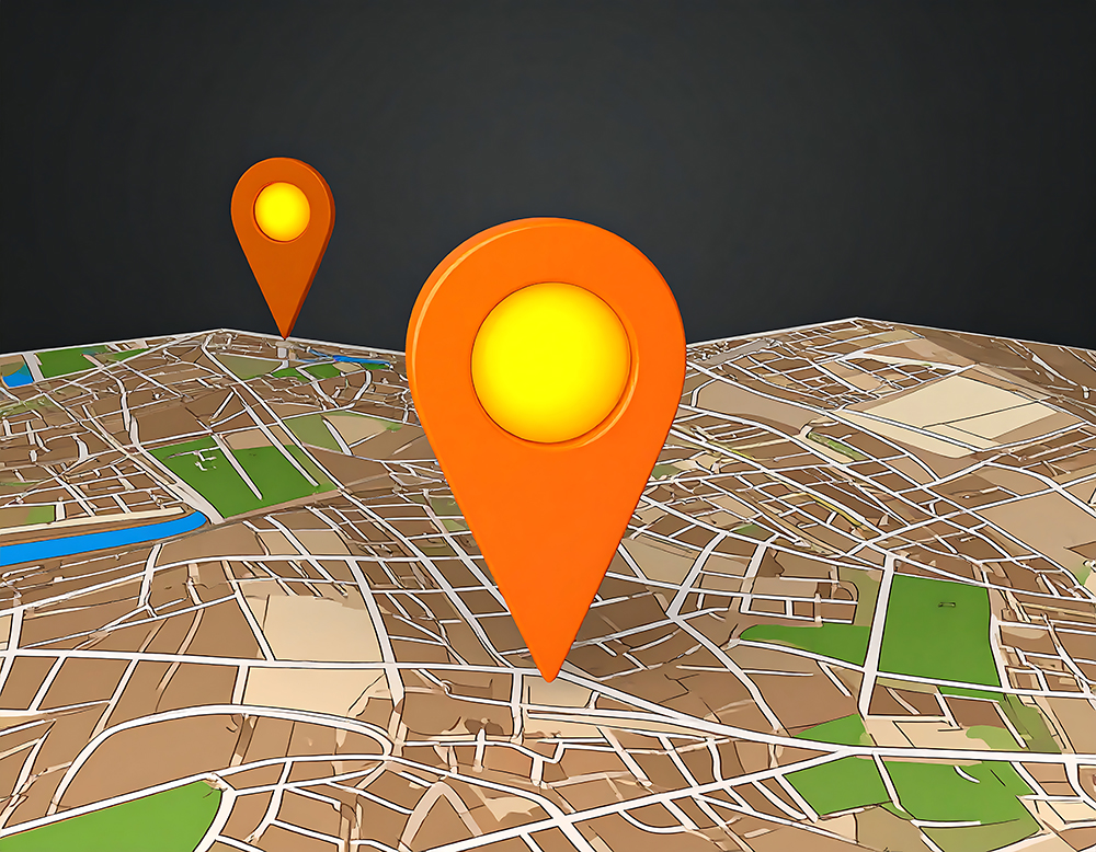 Two orange map markers on city map Two orange map markers on city map