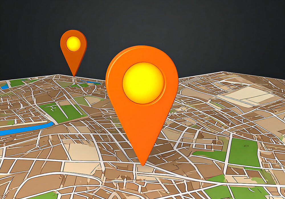 Two orange map markers on city map Two orange map markers on city map